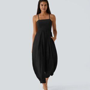 ✨ HALARA Spaghetti Strap Backless Lace Up Side Pocket Resort Jumpsuit Black XL ✨